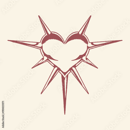 Vintage Engraved Heart with Radiant Spikes Illustration for Love, Pain, and Sacred Devotion Concepts on a Light Background