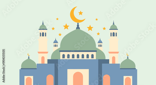 a cartoon mosque with a crescent moon.