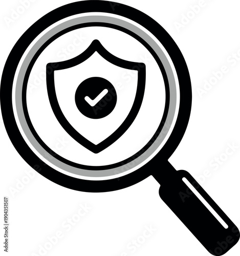Black and white icon of a magnifying glass with a shield and checkmark, symbolizing security, protection, and inspection.