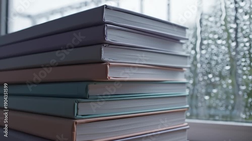 Books on Windowsill During Rainy Day View