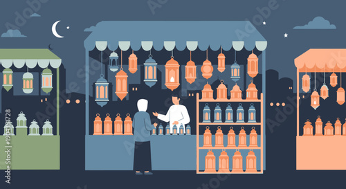 Nighttime market stalls selling drinks.