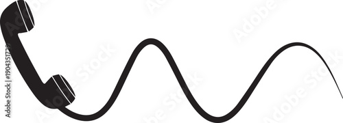 Black telephone receiver with a wavy cord on a Transparent Background, symbolizing communication and communication technology.