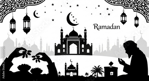 Silhouetted figures celebrating Ramadan under a crescent moon and stars near a mosque with lanterns hanging above