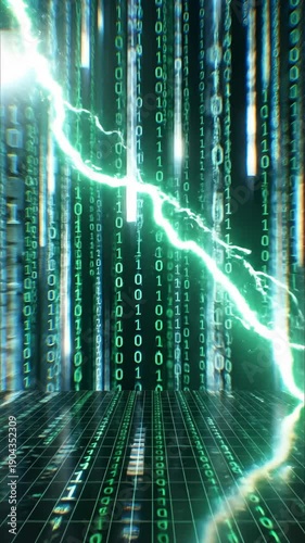 Digital Lightning Strikes Green Code Data Stream