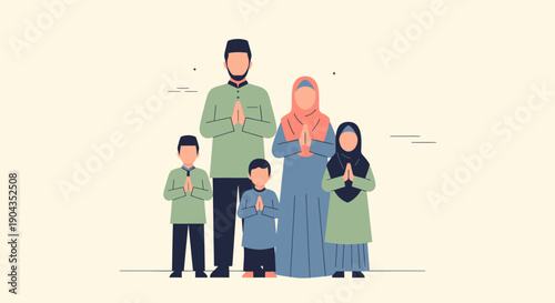 A Muslim family in traditional clothing praying together.