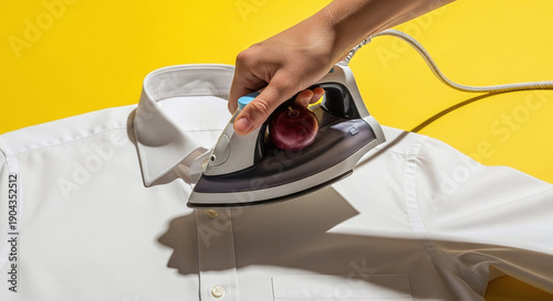 A conceptual image of a hand ironing a white shirt with a fruit under the handle