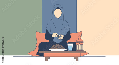 A woman wearing a hijab sitting on a couch eating dates.