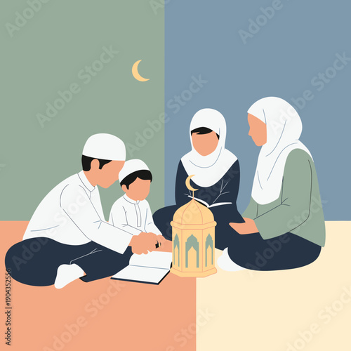 Muslim family reading together at home.