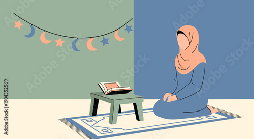 A woman in hijab reading Quran.