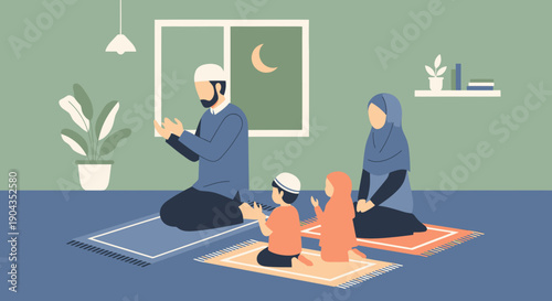 Family praying together on a mat.