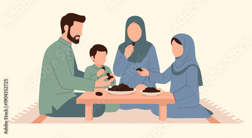 A Muslim family sharing a meal together.