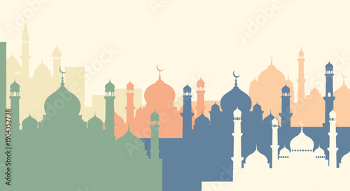 Islamic architecture silhouette cityscape with mosques.
