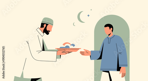 Illustration of a man giving food to another man during Ramadan.