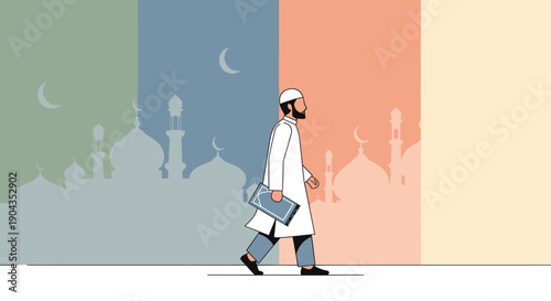 Illustration of a man walking in front of a colorful background with mosque silhouettes.