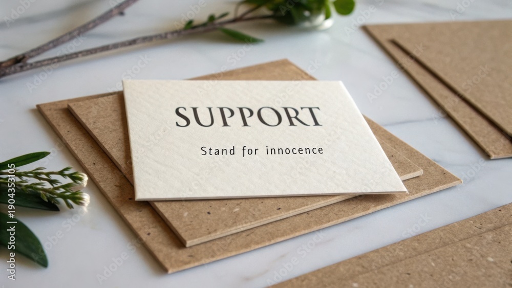 Naklejka premium Elegant stationery on marble surface with support message, promoting innocence, kindness, and compassion in life’s journey