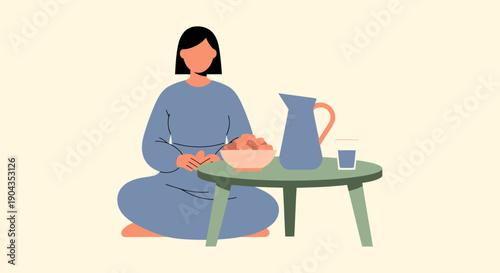 Woman sitting with breakfast on table.