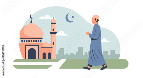 Illustration of a man walking to a mosque.