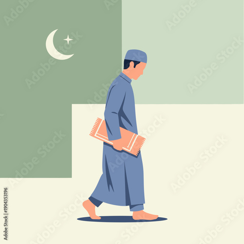 Man walking with Islamic holy book Quran.