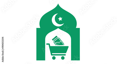 Green Islamic charity donation shopping cart logo design.