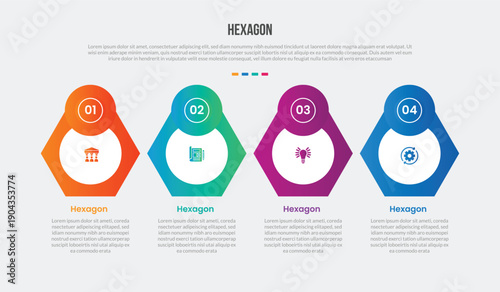 hexagon or hexagonal base shape infographics gradient template diagram with circle inside with circle badge on top on horizontal direction with 4 point step creative