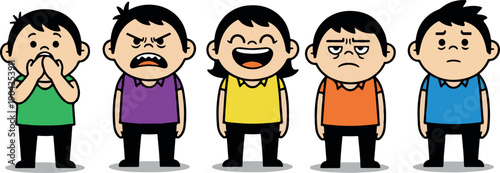 Five cartoon characters expressing different emotions on their faces with colorful shirts on Transparent Background.