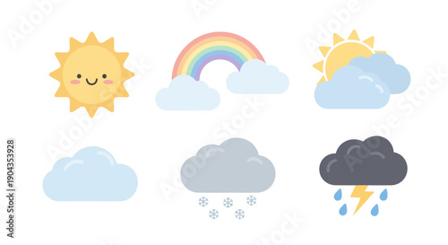 Set of colorful weather icons including sun, rainbow, clouds, rain, and thunderstorm.
