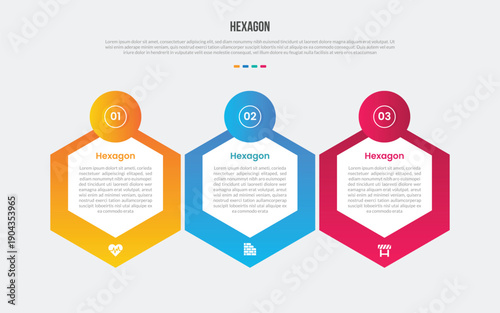hexagon or hexagonal base shape infographics gradient template diagram with big shape with circle badge on top with 3 point step creative
