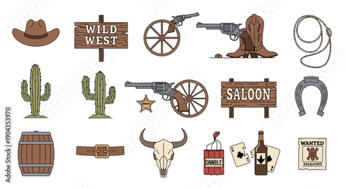 Collection of Wild West themed icons and symbols.