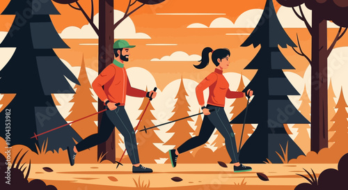 Couple hiking together in autumn forest landscape.
