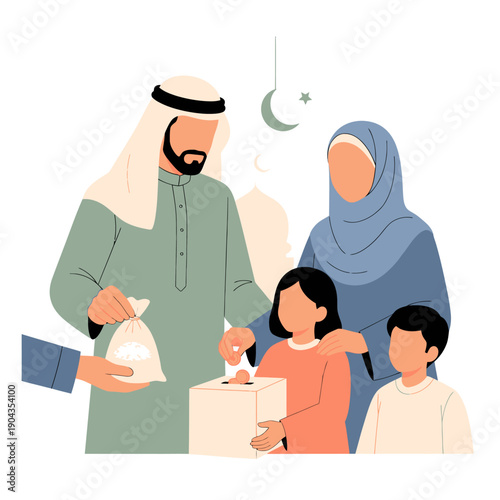 A Muslim family receiving food during Ramadan.