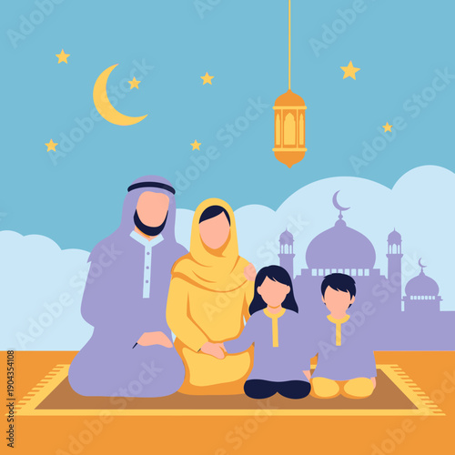 A Muslim family praying together at night.