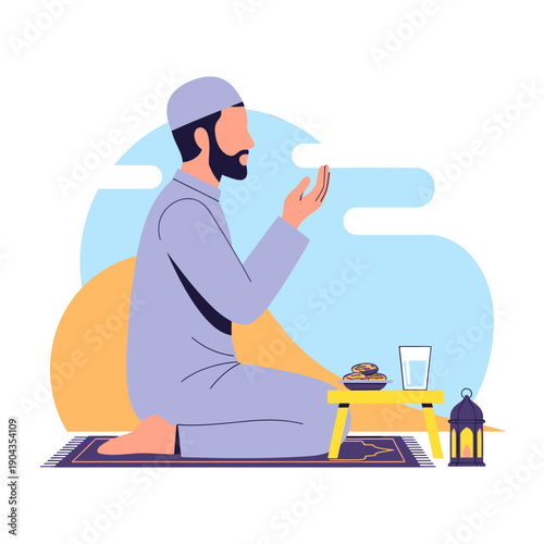 Man praying during Ramadan with food and drink.