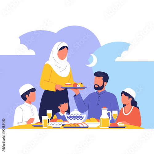 A Muslim family breaking their fast together.