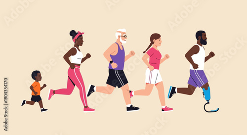 Diverse group of people running together with prosthetic limbs.