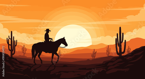 Lone cowboy riding horse through desert landscape at sunset.