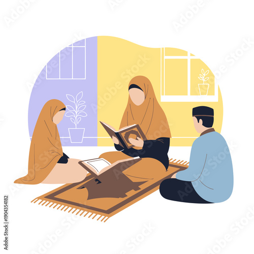 Muslim family reading Quran together.
