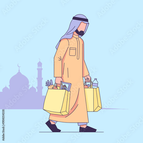 Man in traditional Arabic clothing walking with shopping bags.