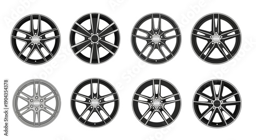 Collection of various alloy car wheel designs on white background.
