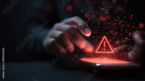 Hand interacting with smartphone showing warning notifications, conceptual cybersecurity, data privacy, and security breach visualization.