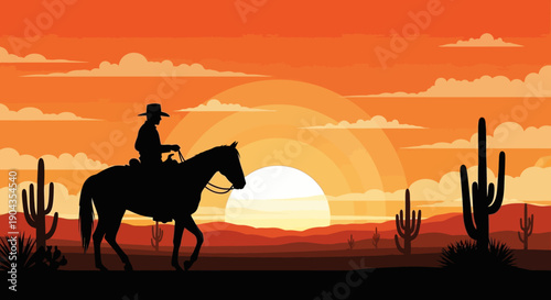 Cowboy Riding Horse at Desert Sunset with Cacti.
