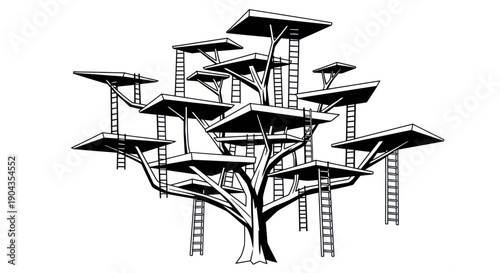 Whimsical Treehouse Structure with Multiple Platforms and Ladders