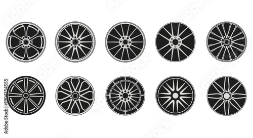 Collection of black and white wheel designs with various spokes and patterns.