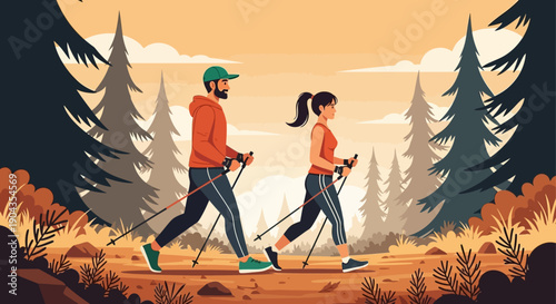 Couple enjoying a leisurely hike together in a serene forest.