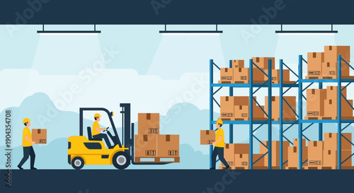 Warehouse workers operating forklift and handling cardboard boxes.
