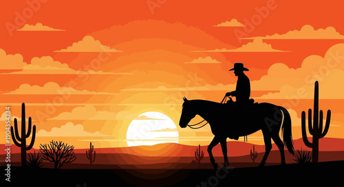 Silhouette of cowboy riding horse at sunset in desert landscape.