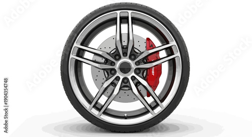 High-performance car wheel with sleek silver rim and red brake disc.
