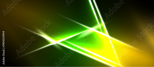 Abstract lines intersect, creating bright green, yellow glows. Dark background emphasizes luminous energy, dynamic composition.