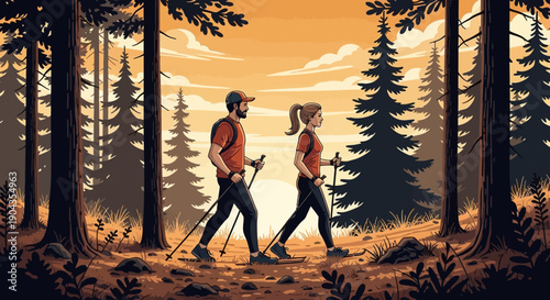 Couple hiking together in a serene forest landscape at sunset.
