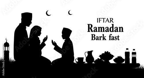 Family Gathering for Iftar during Ramadan Night under Crescent Moon Silhouette