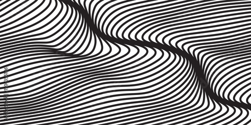 Black on white abstract perspective line wave stripes with 3d dimensional effect isolated on white background